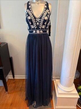 Trixxi Navy Maxi Dress with White Embroidered Bodice